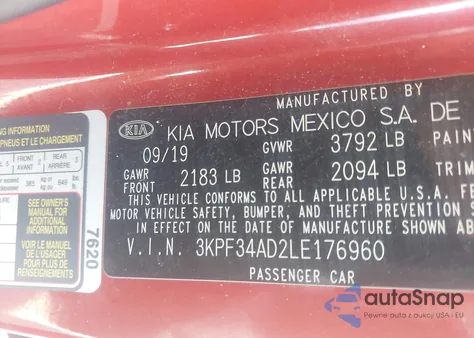 2020 Kia Forte Gt-Line из США, поврежденный, VIN 3KPF34AD2LE176960